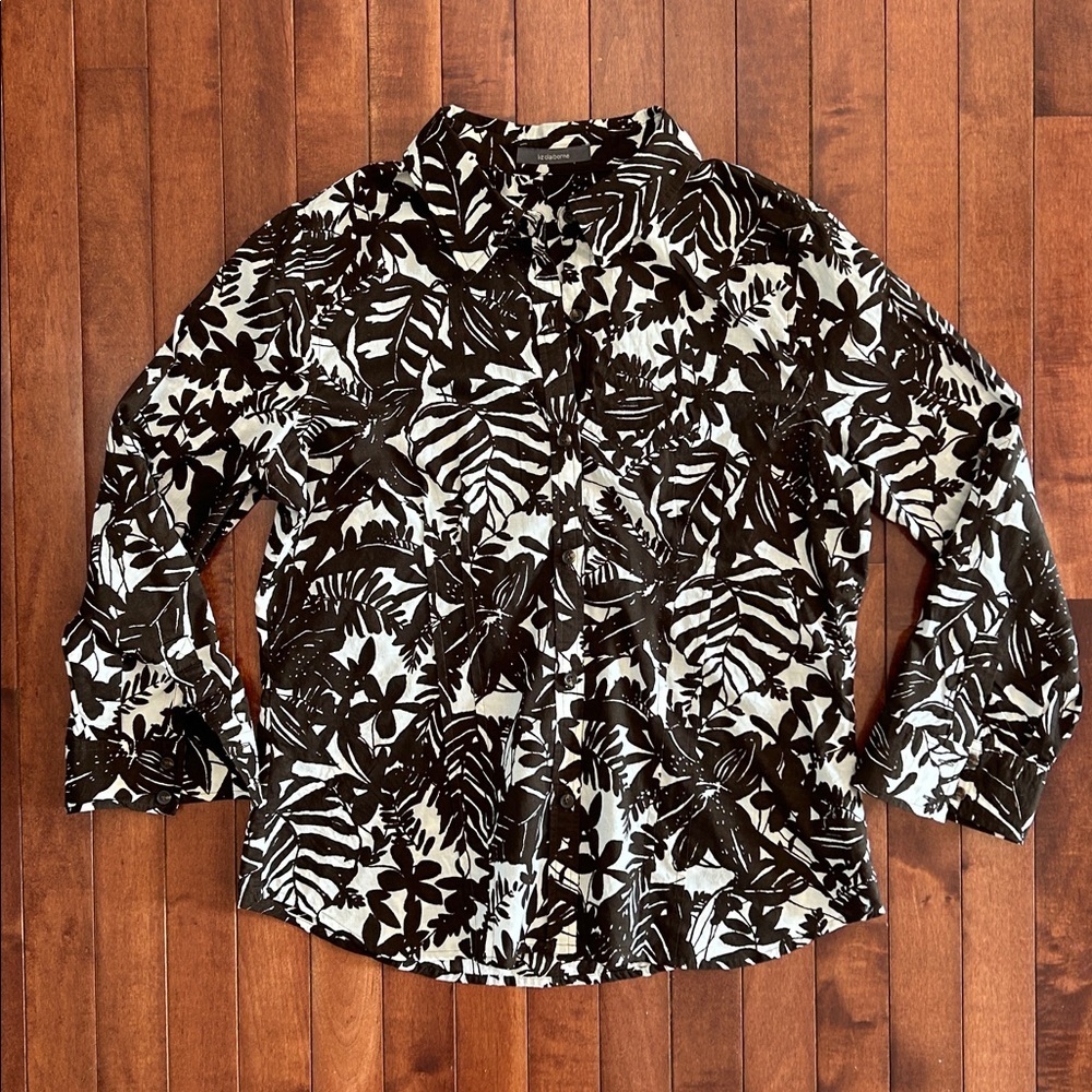 Liz Claiborne Brown Floral Button Down Shirt Top Size Large